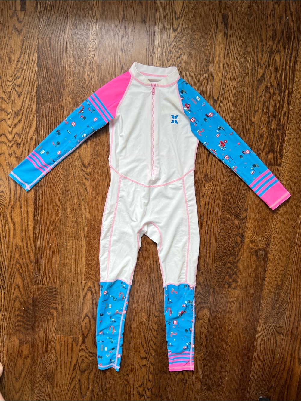 Kids Long-Sleeve One-Piece Swim Suit - White, Blue & Pink